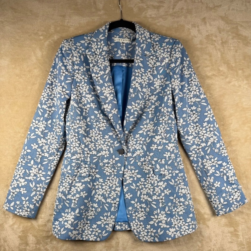 Alice + Olivia Macey Cornflower Blue Floral Print Single Button Blazer Size 6
